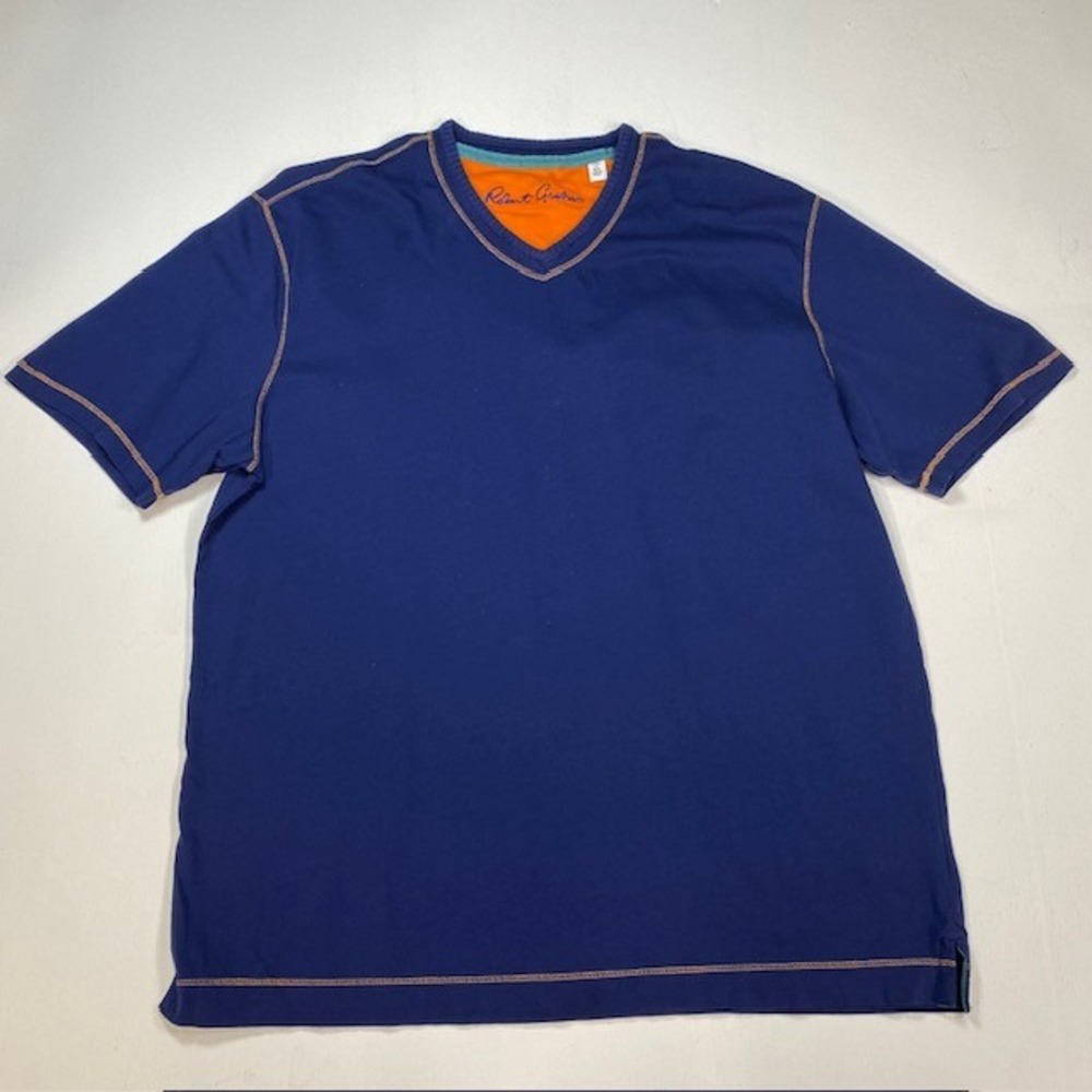 Robert Graham Mens XL Navy Blue V-Neck Supima Cotton T-Shirt Contrast Stitching